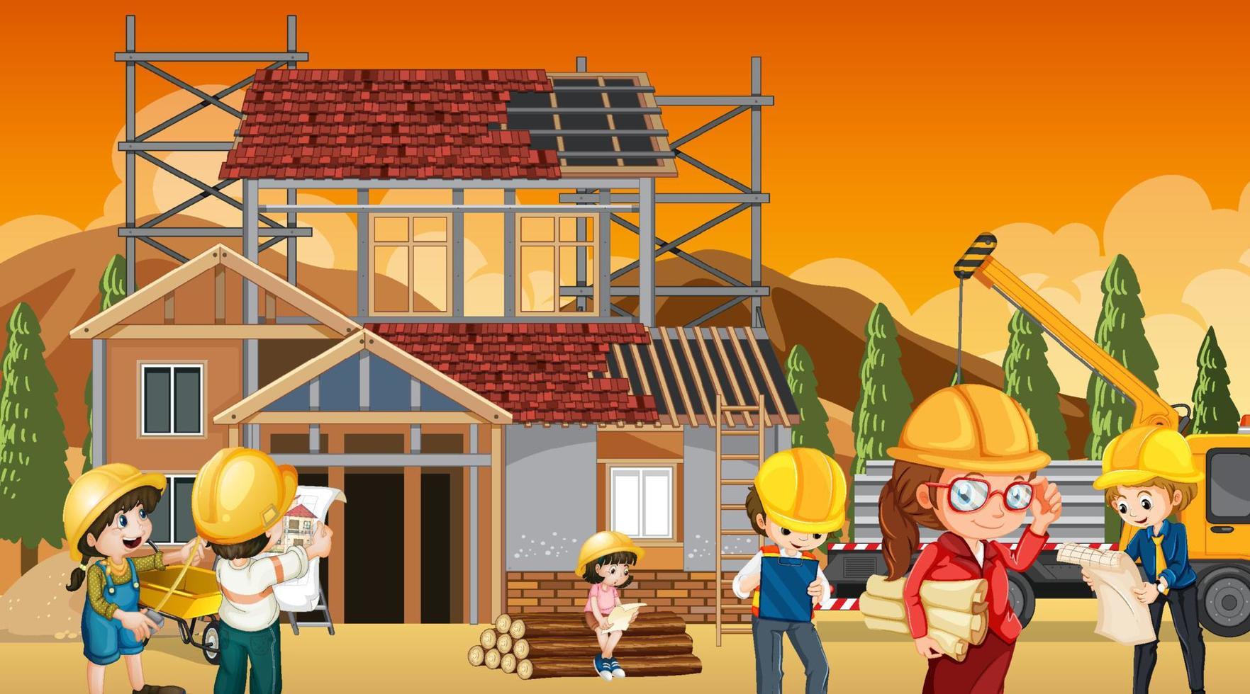 edificio casa construcción sitio y trabajadores vector
