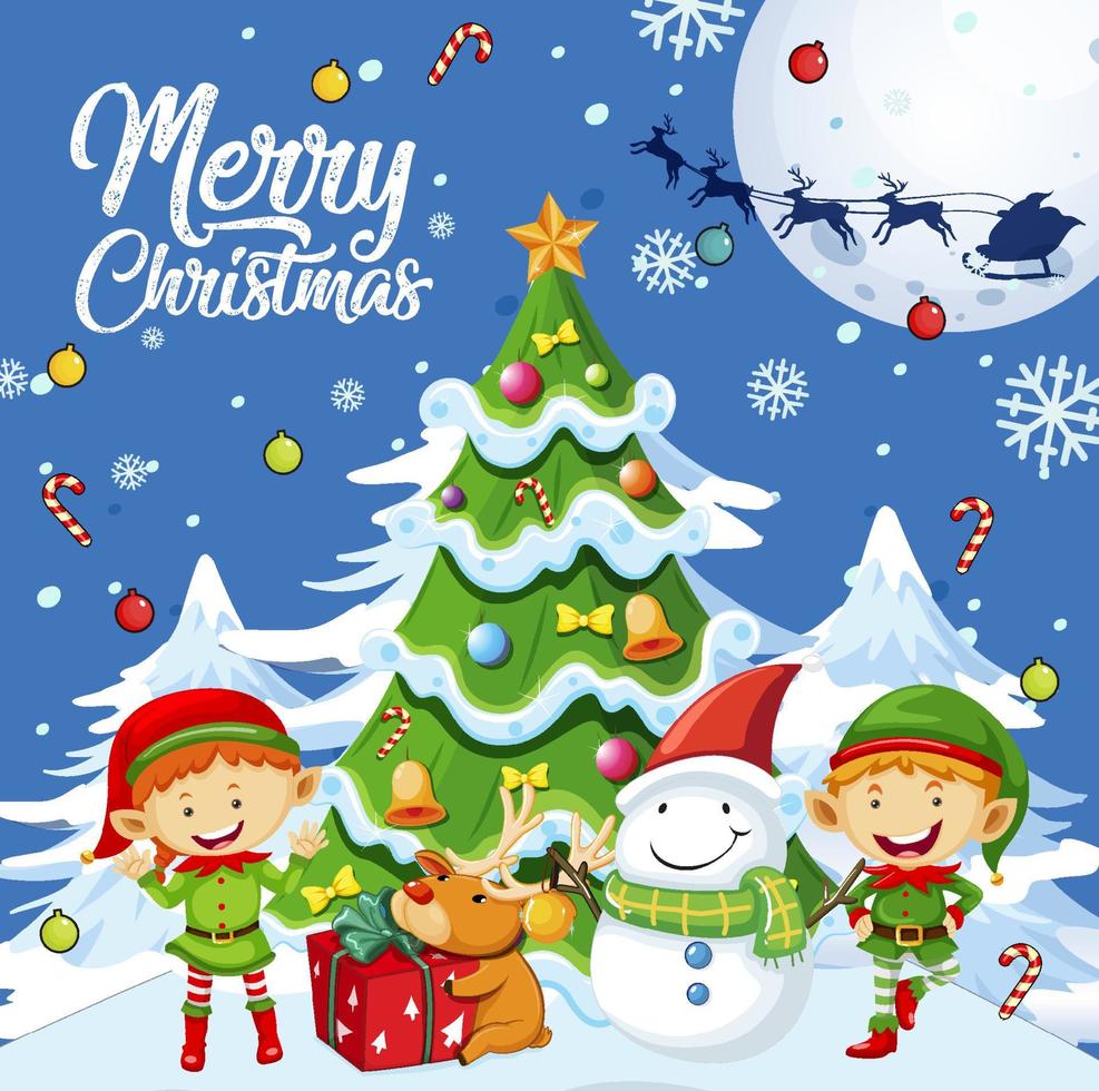 diseño de cartel de feliz navidad con duendes y árbol de navidad vector
