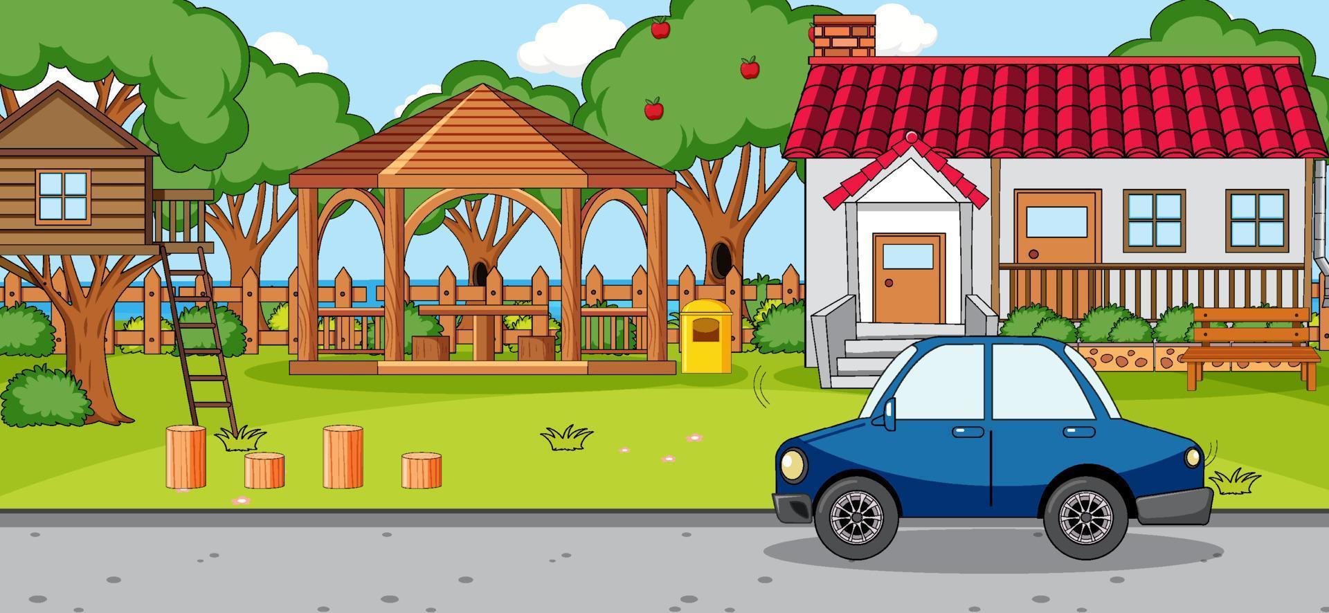Outdoor scene with doodle house cartoon vector