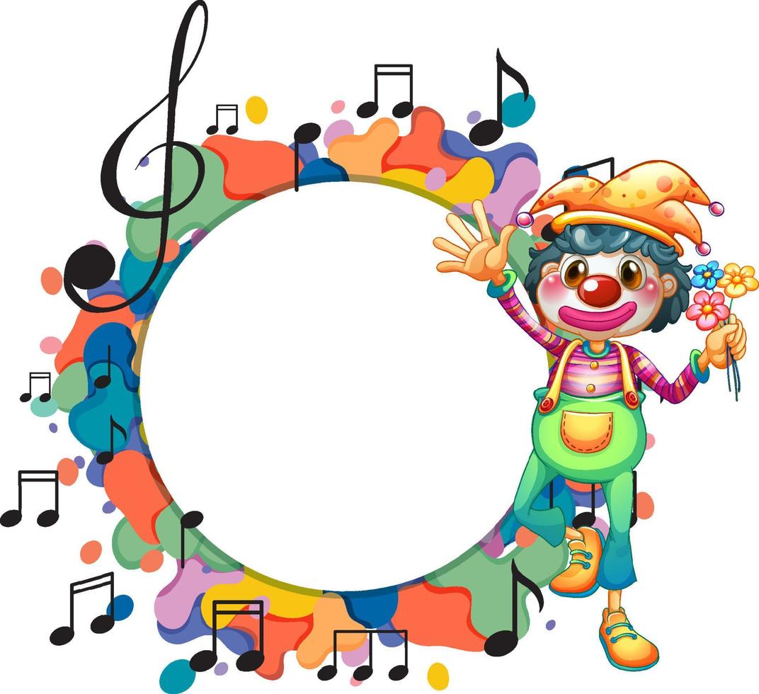 lindo payaso con plantilla de nota musical en blanco vector