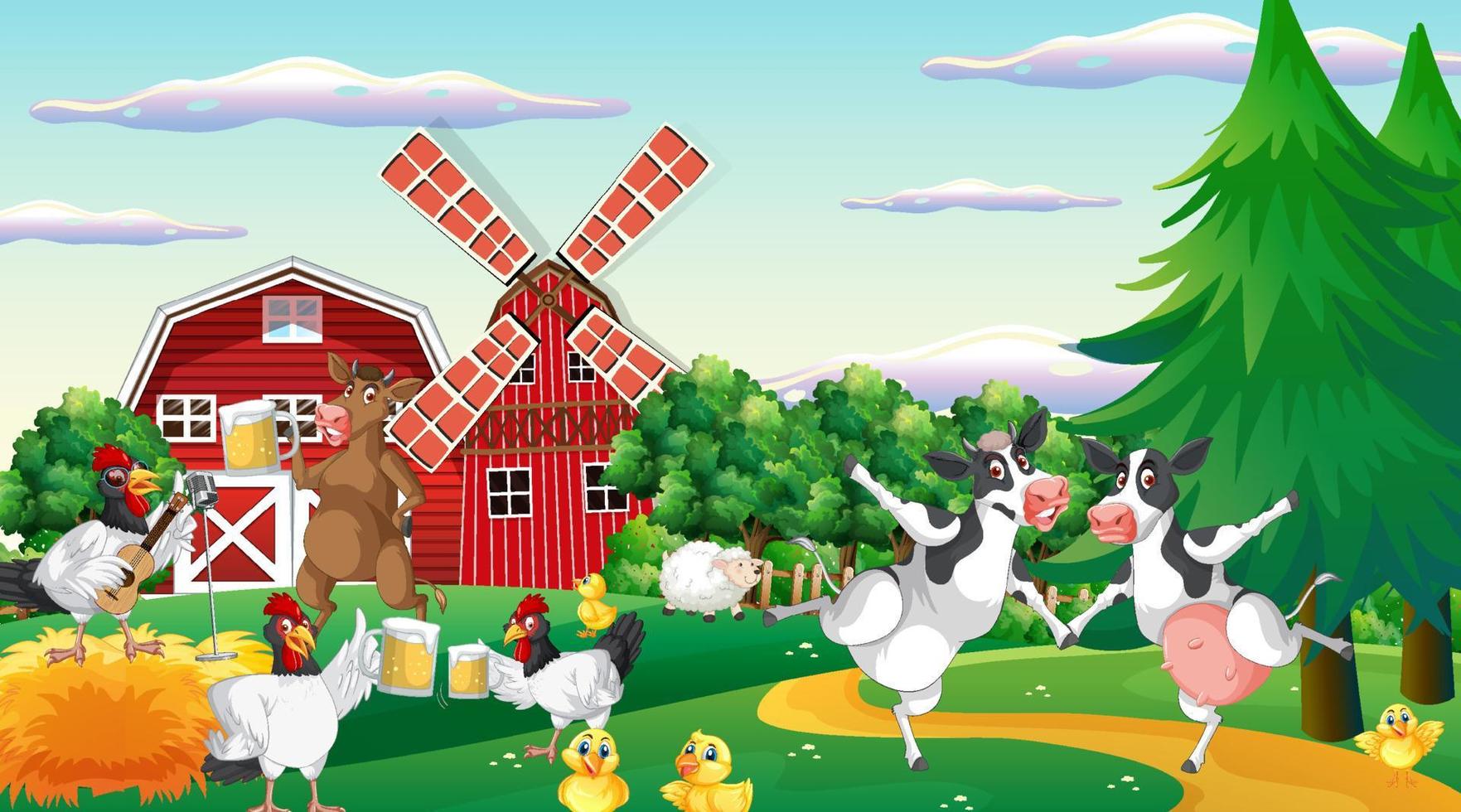 escena de granja de vacas al aire libre con dibujos animados de animales felices vector