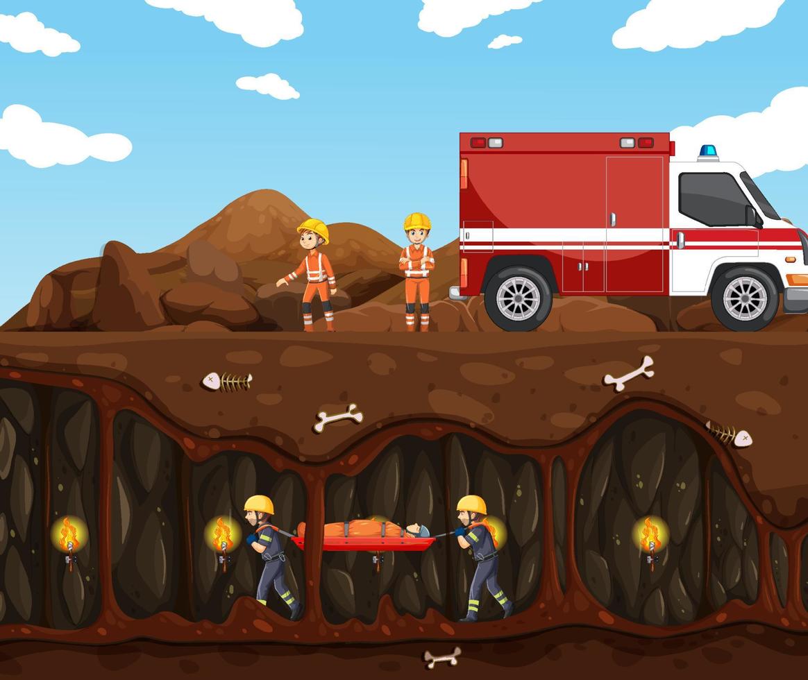 Underground scene with firerman rescue in cartoon style vector