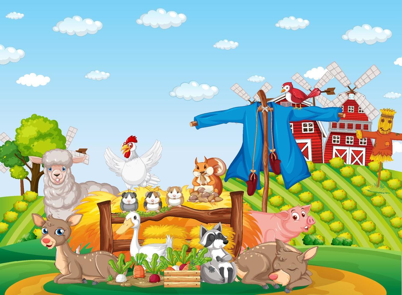 Farm scene many animals in the field vector