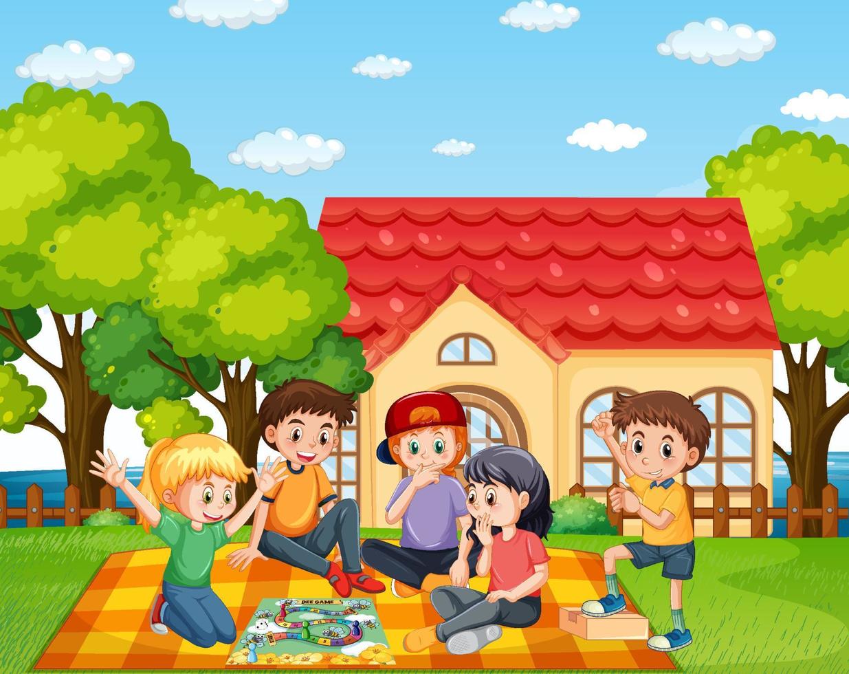 Children playing games outside the house vector