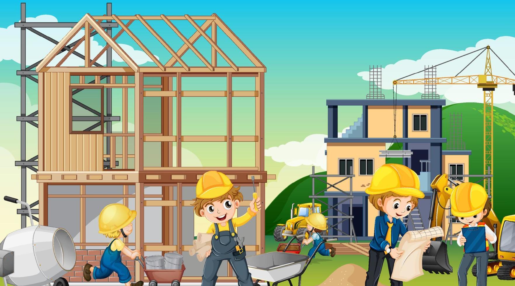 Building house construction site and workers vector