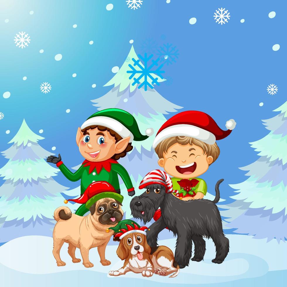 Christmas poster design with elf and dogs on snowy background vector