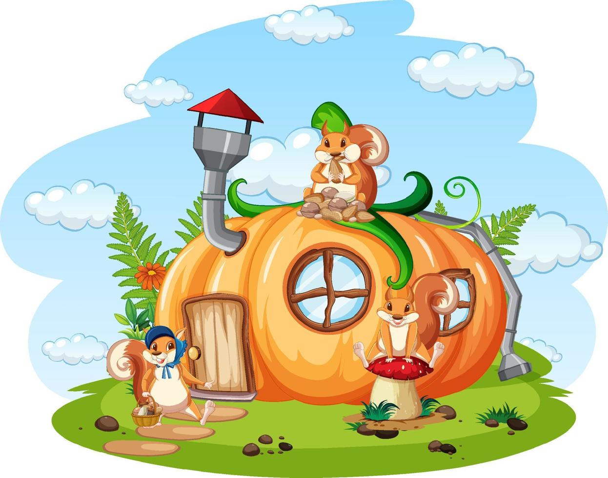 Three squirrels at pumpkin house vector