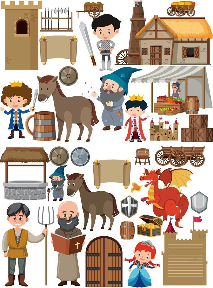 Medieval characters buildings set vector