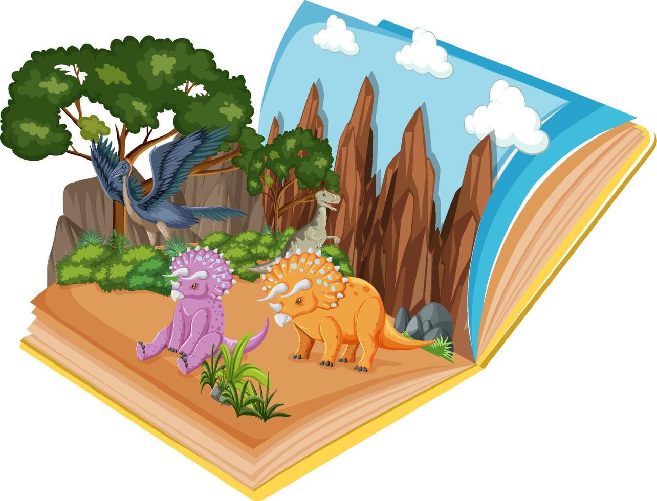 libro emergente con escena de la naturaleza al aire libre y dinosaurio vector