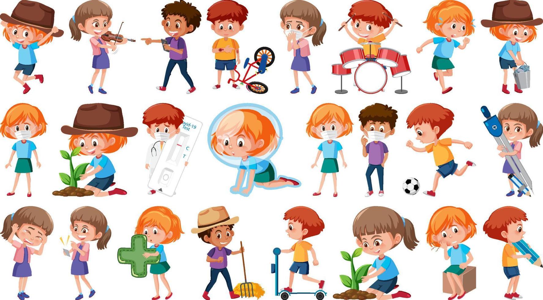 Set of children doing different activities on white background vector