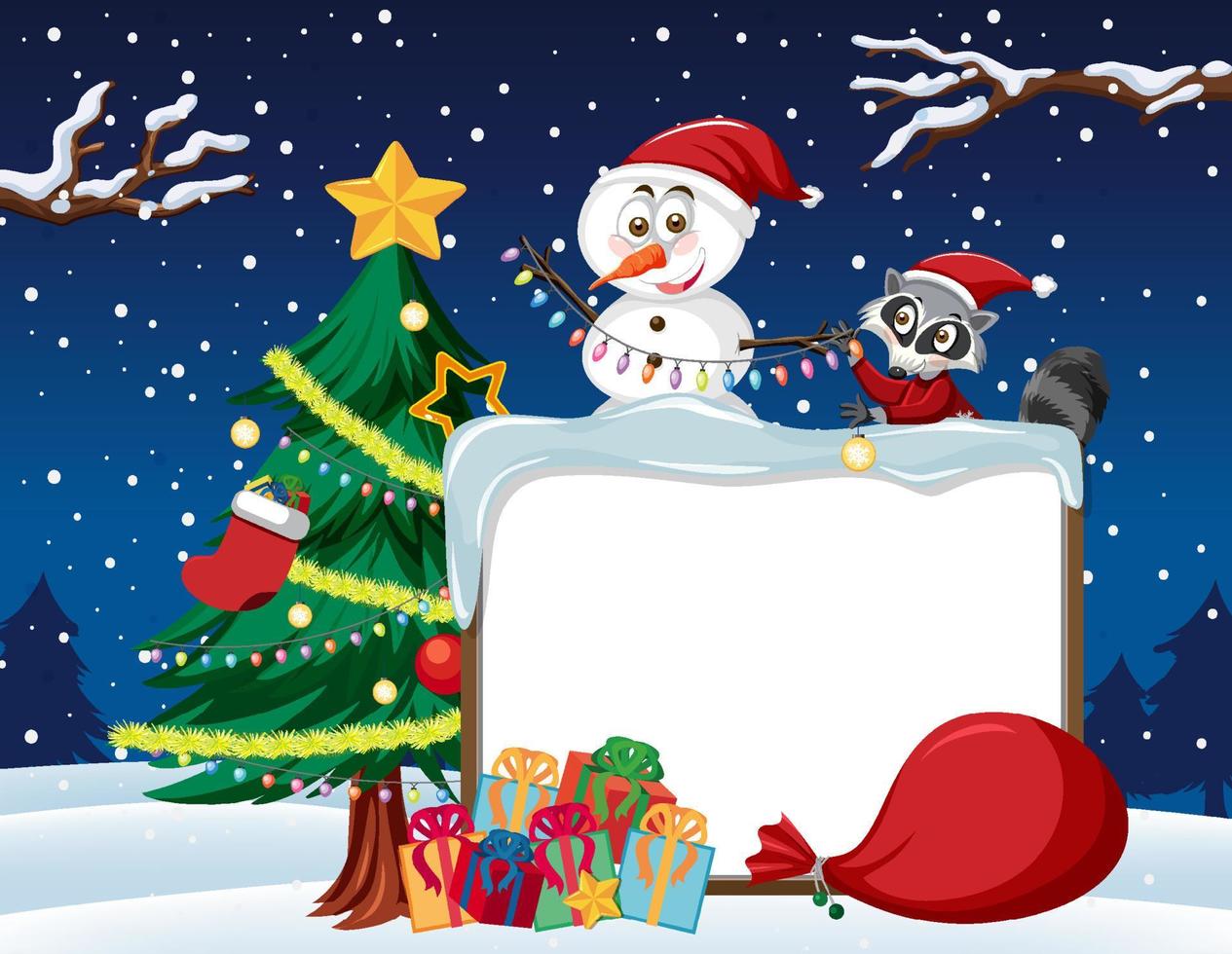 Empty banner in Christmas theme with snowman and raccoon vector