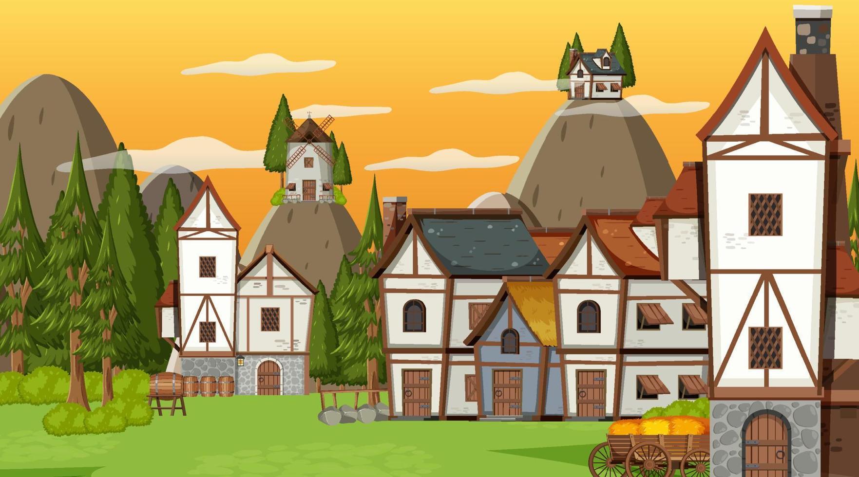 Medieval town scene with sunset vector