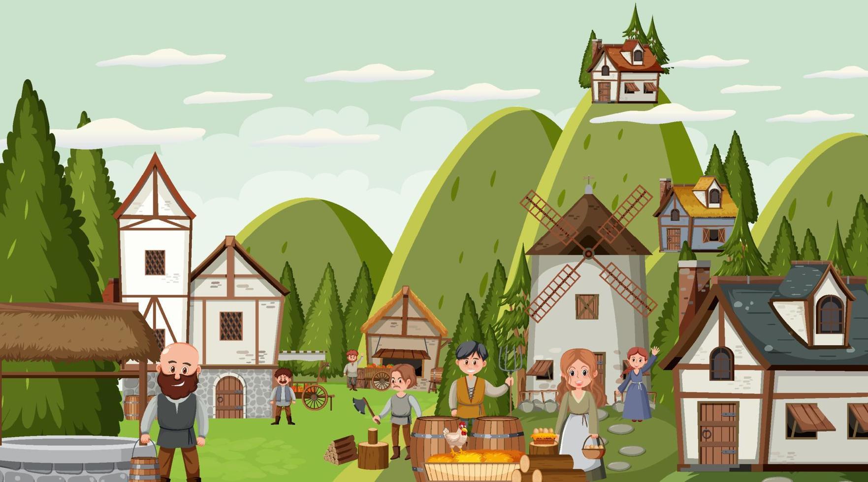 Medieval town scene with villagers vector