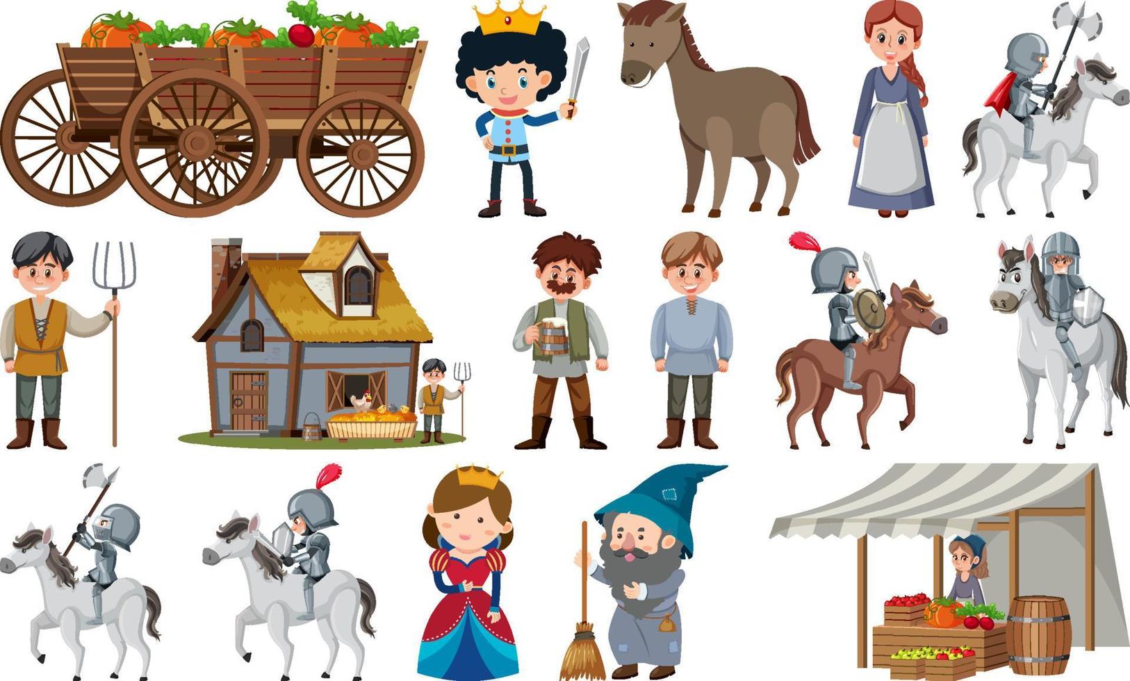 Medieval characters buildings set vector