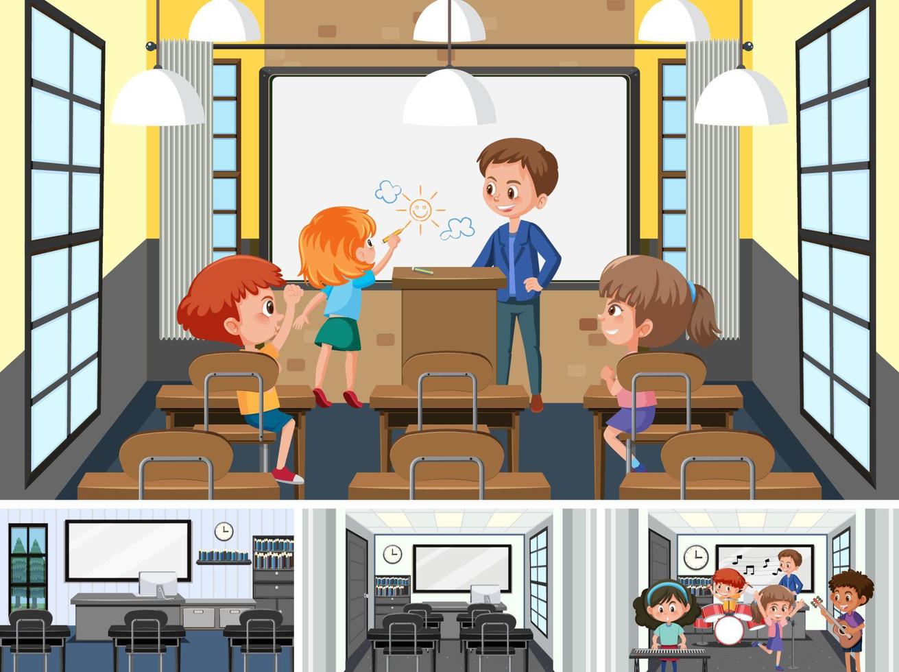 Set of student in the classroom scene vector