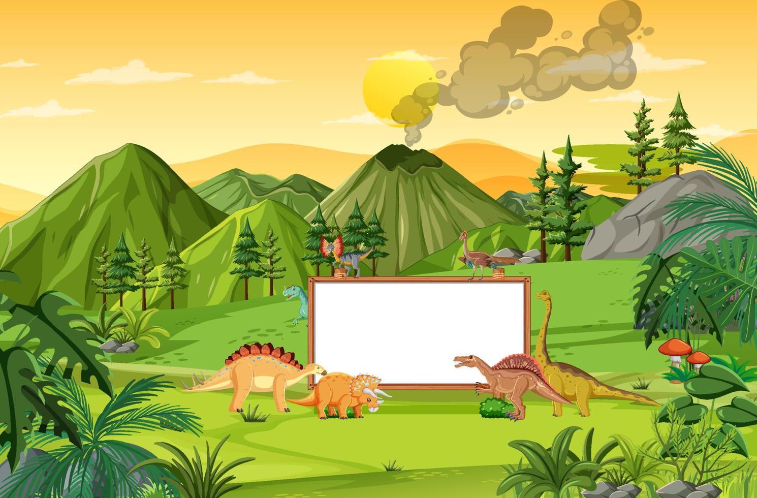 Nature scene with trees on mountains with sign board and dinosaur vector