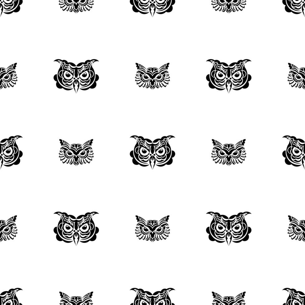 Seamless pattern with owl face. Maori and samoa patterns. Suitable for poster, postcard, banner, textile and menu design. Vector illustration.