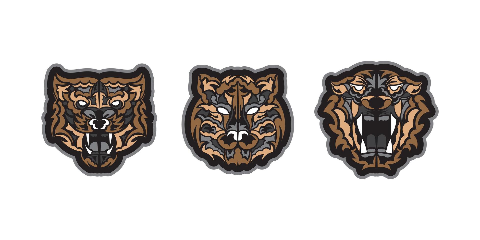 Boho style tiger print set. Polynesian style tiger face. Exclusive handcrafted design. Isolated. Vector illustration.