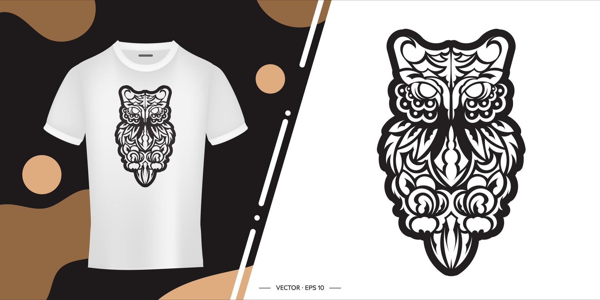Black and white Owl print in boho style. Isolated. Good for clothing and textiles. illustration. vector