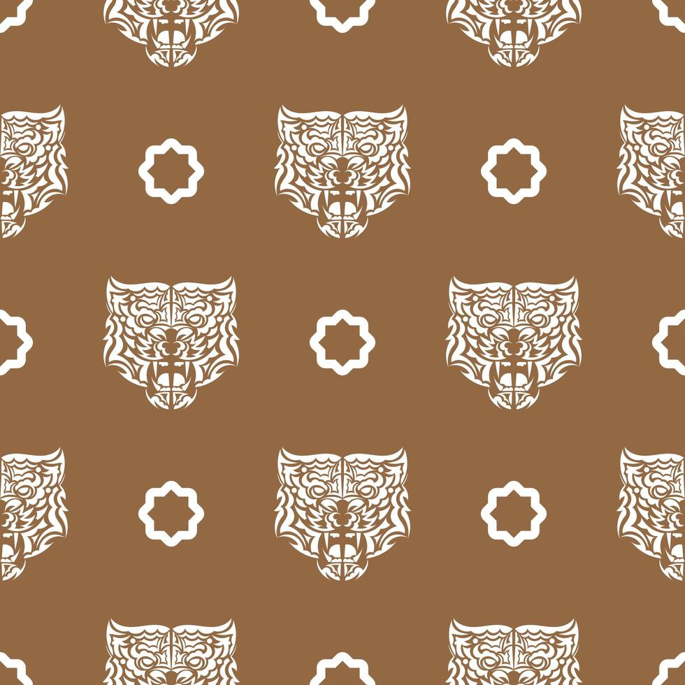 Seamless pattern with white tiger face in boho style. Polynesian style tiger face. Good for backgrounds and prints. Vector illustration.