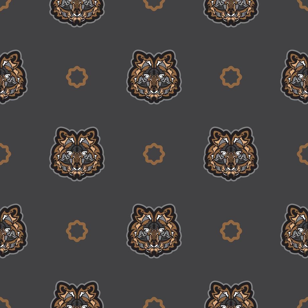 Seamless pattern with tiger face in colored Polynesian style. Good for garments, textiles, backgrounds and prints. Vector