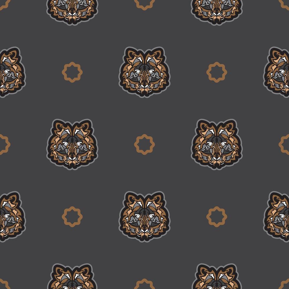 Seamless pattern with tiger face in colored Polynesian style. Good for garments, textiles, backgrounds and prints. Vector