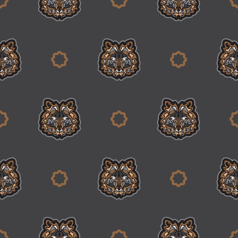 Seamless pattern with tiger face in colored Polynesian style. Good for garments, textiles, backgrounds and prints. Vector