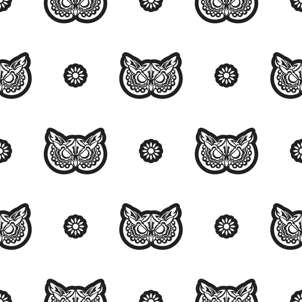 Black-white Seamless pattern owl face in boho style. Good for clothing and textiles. Vector
