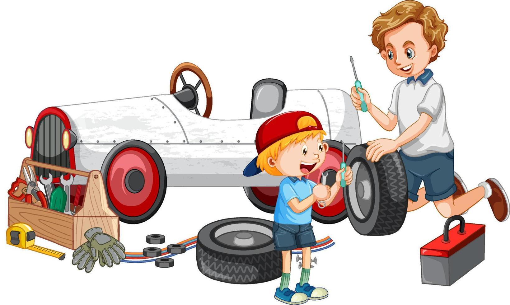 Dad and son repairing a car together vector