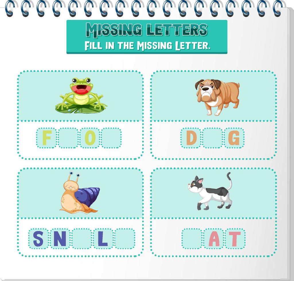 Fill the missing letter of each word worksheet for children vector