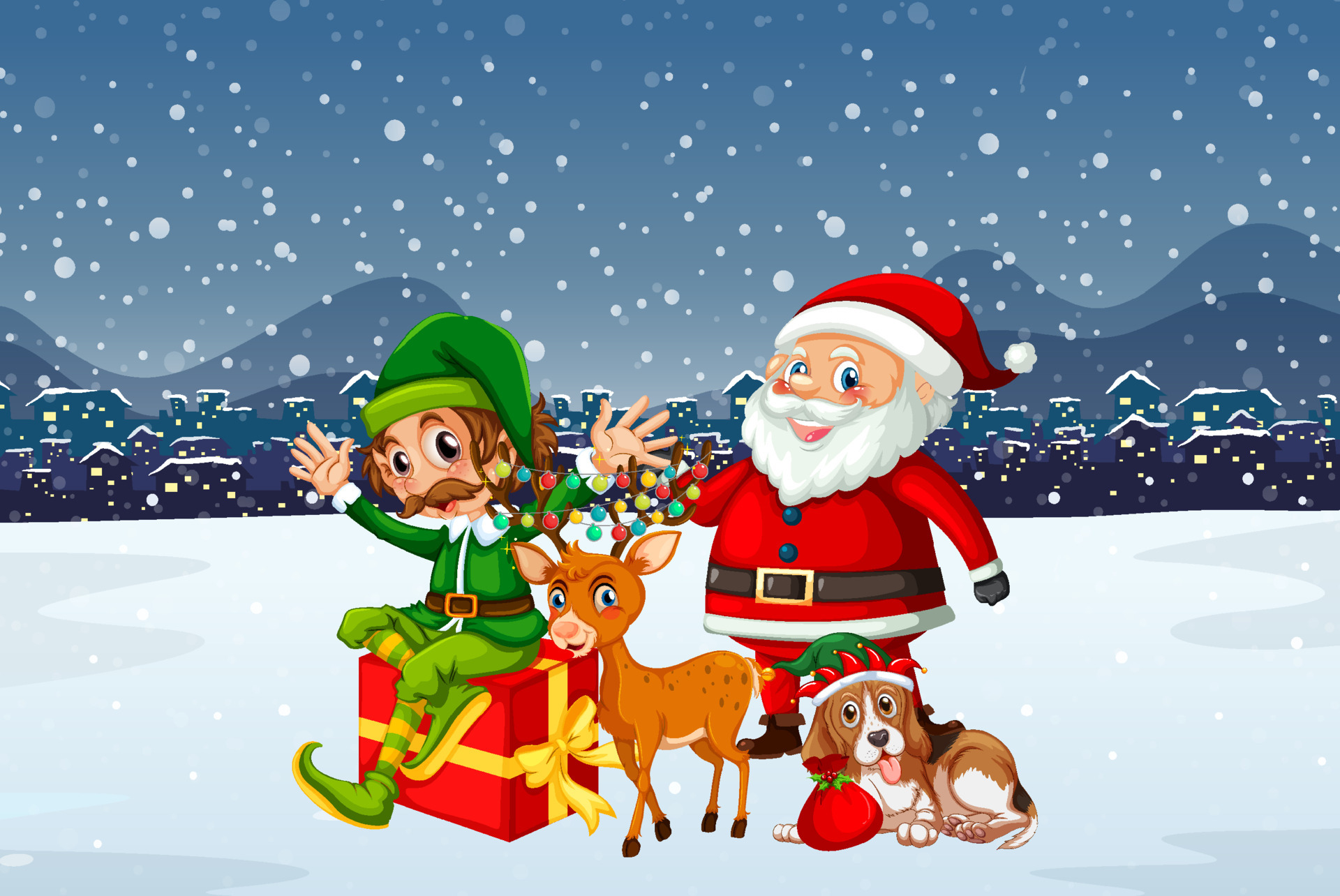 Snowy Christmas night scene with Santa Claus and friends 6769504 Vector ...