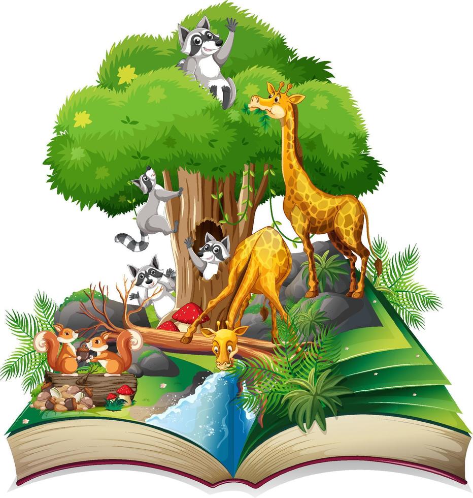 tema de bosque de libro abierto con animal sobre fondo blanco vector