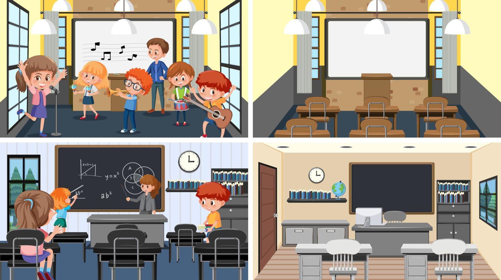 Set of student in the classroom scene vector