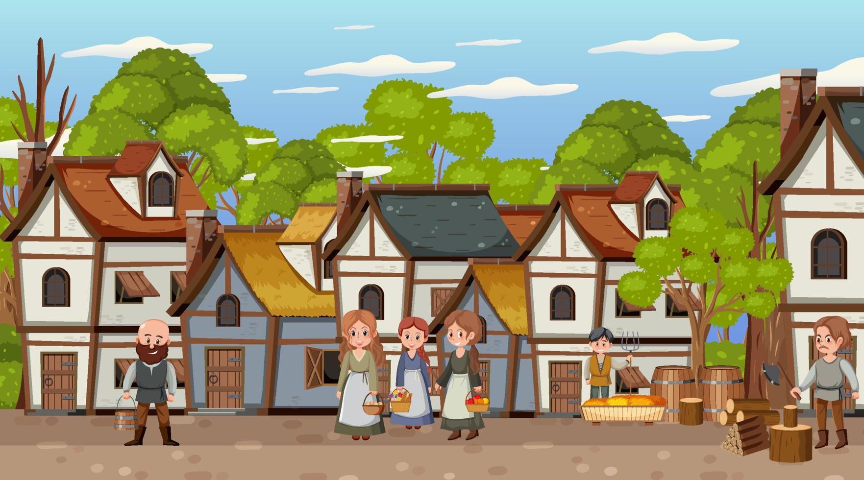 Medieval town scene with villagers vector