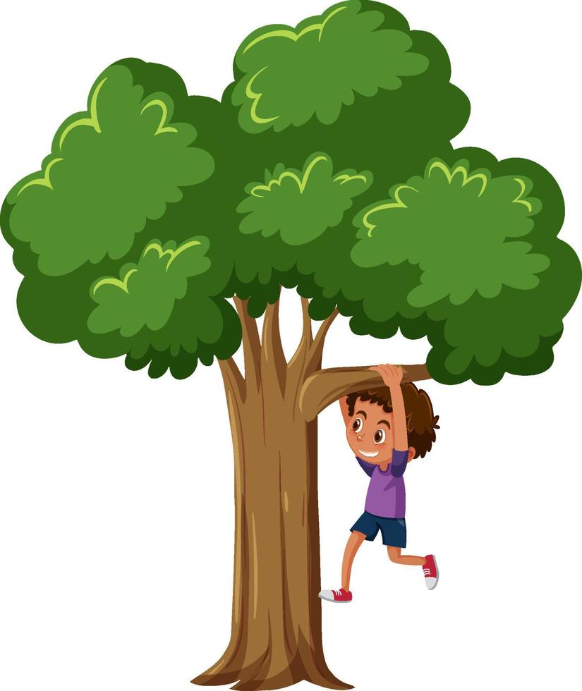 A boy hanging on a tree in cartoon style vector