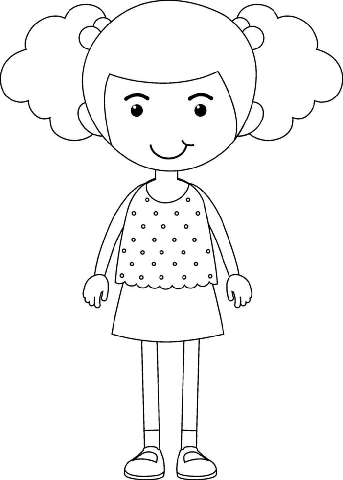 una niña de pie en blanco y negro personaje de garabato vector