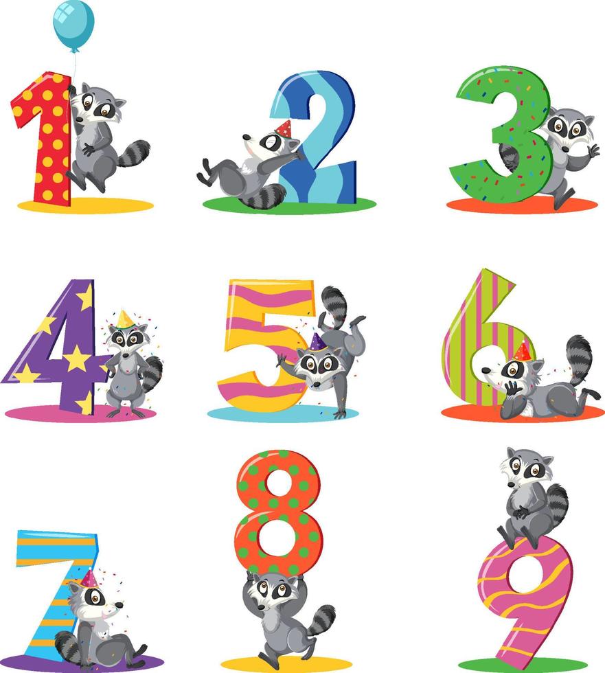 Set of different raccoon holding the numbers isolated on white background vector