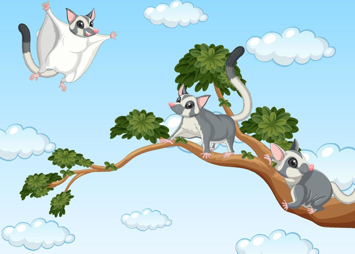 Sky scene with three sugar gliders vector