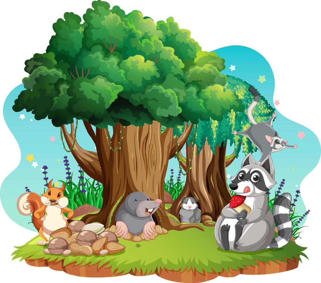 Isolated scene with different cute animals vector
