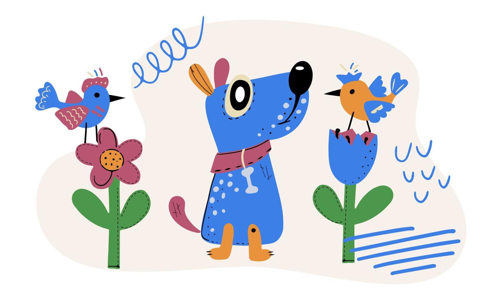 Print with cartoon dog. Abstract botanical elements and funny hand drawn birds vector