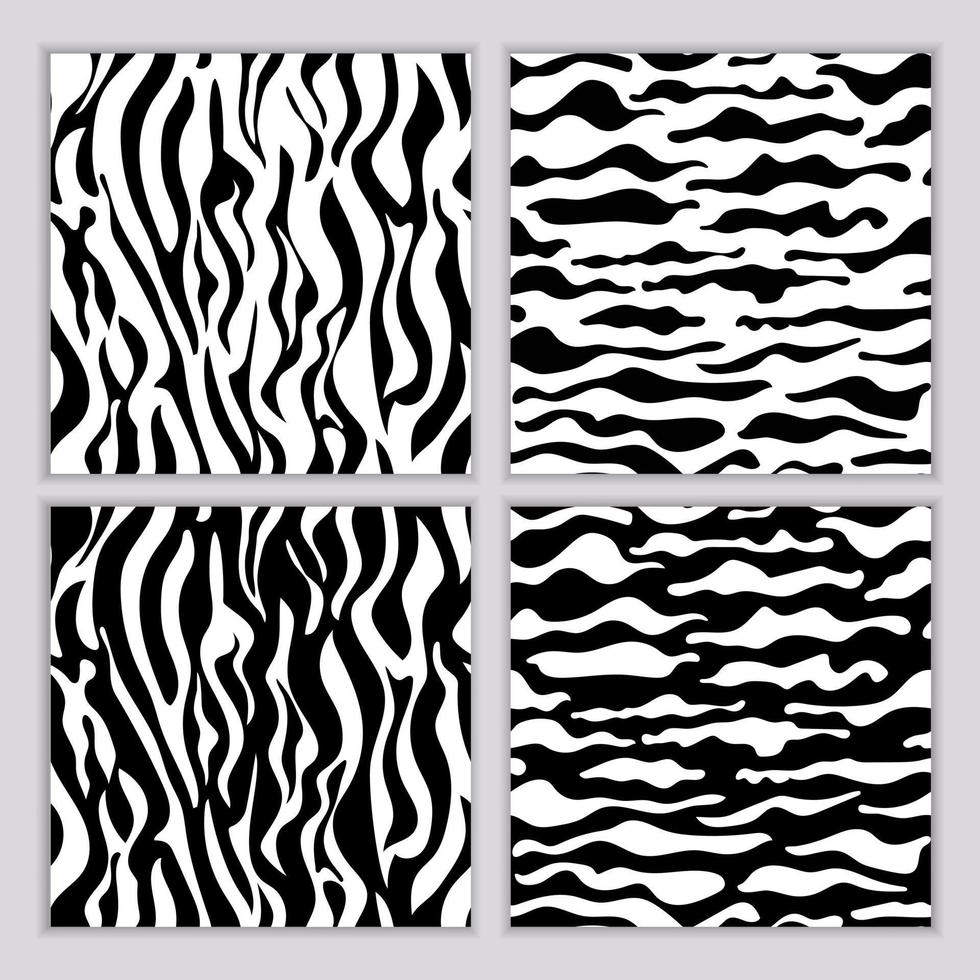 A set of seamless abstract monochrome patterns. Black and white print with wavy lines, dots and spots. Brush strokes are hand-drawn vector