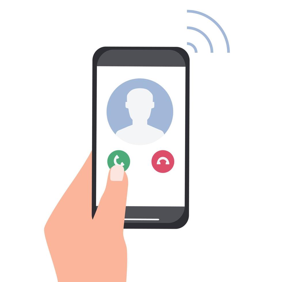 una mano sostiene un teléfono inteligente con una llamada entrante. retrato de una persona de contactos en la pantalla del teléfono. aplicaciones móviles y tecnología de internet vector