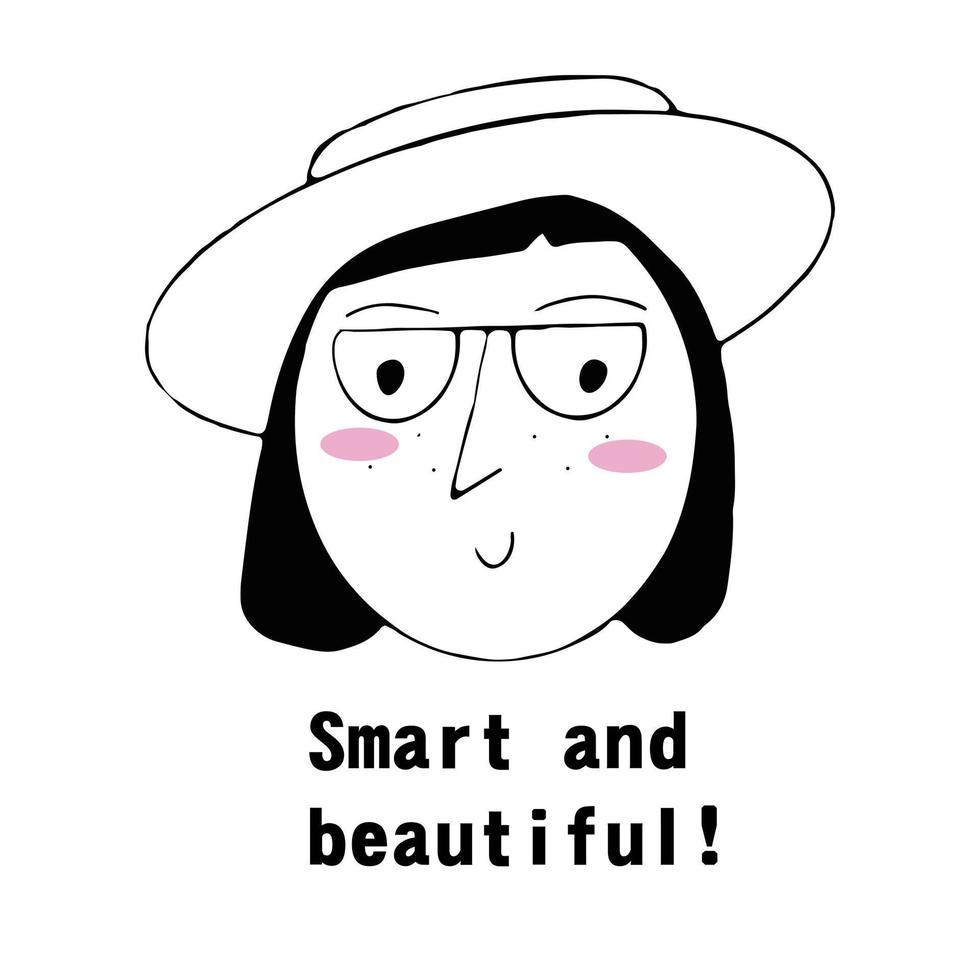 Vector portrait of a female character.Cartoon funny minimalistic man. Linear hand drawn face with emotion and mood. Friendly inscription. Postcard for social networks