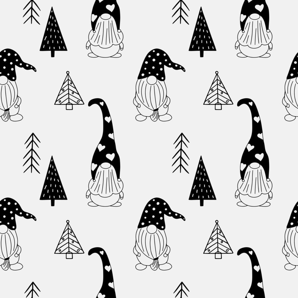 Seamless pattern with a cute hand drawn gnome and a Christmas tree. Scandinavian style vector background of doodle elements