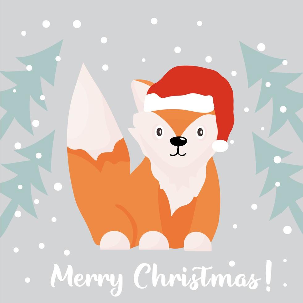tarjeta de navidad con un lindo zorro en un sombrero de santa claus, entre los árboles de navidad en un bosque nevado. vector