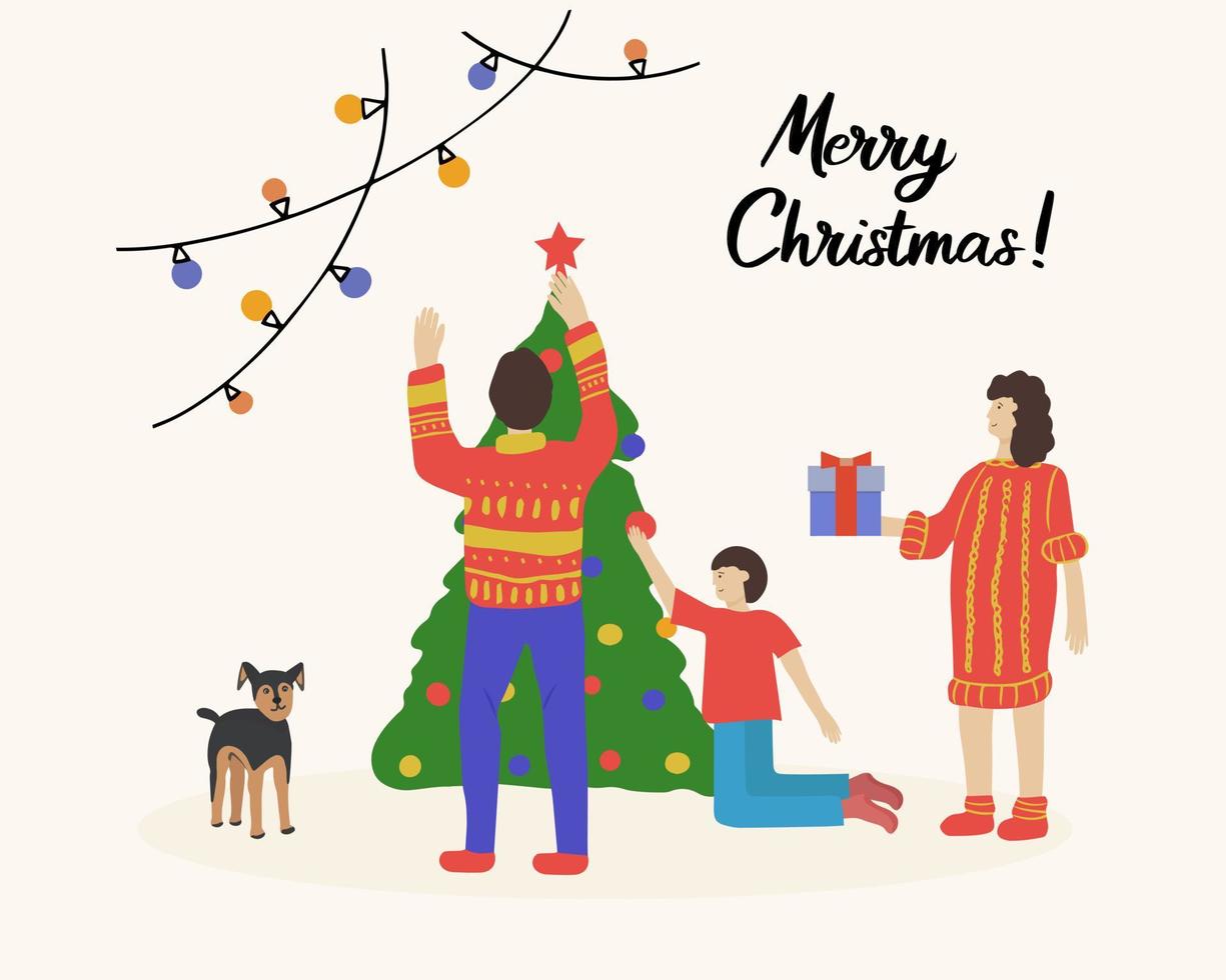Merry Christmas greeting card. Happy family preparing for the holiday, decorating the Christmas tree. vector