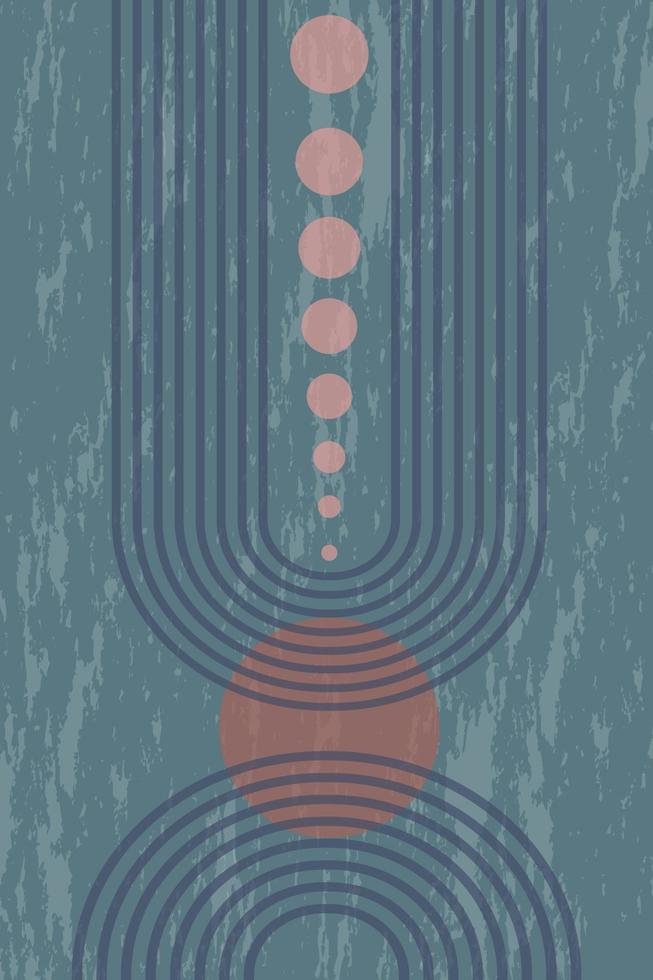 WebAbstract grunge poster with geometric shapes and lines. Rainbow print and sun circle, boho style. Modern minimalist print in pastel colors. Concept of balance, harmony and equilibrium. vector