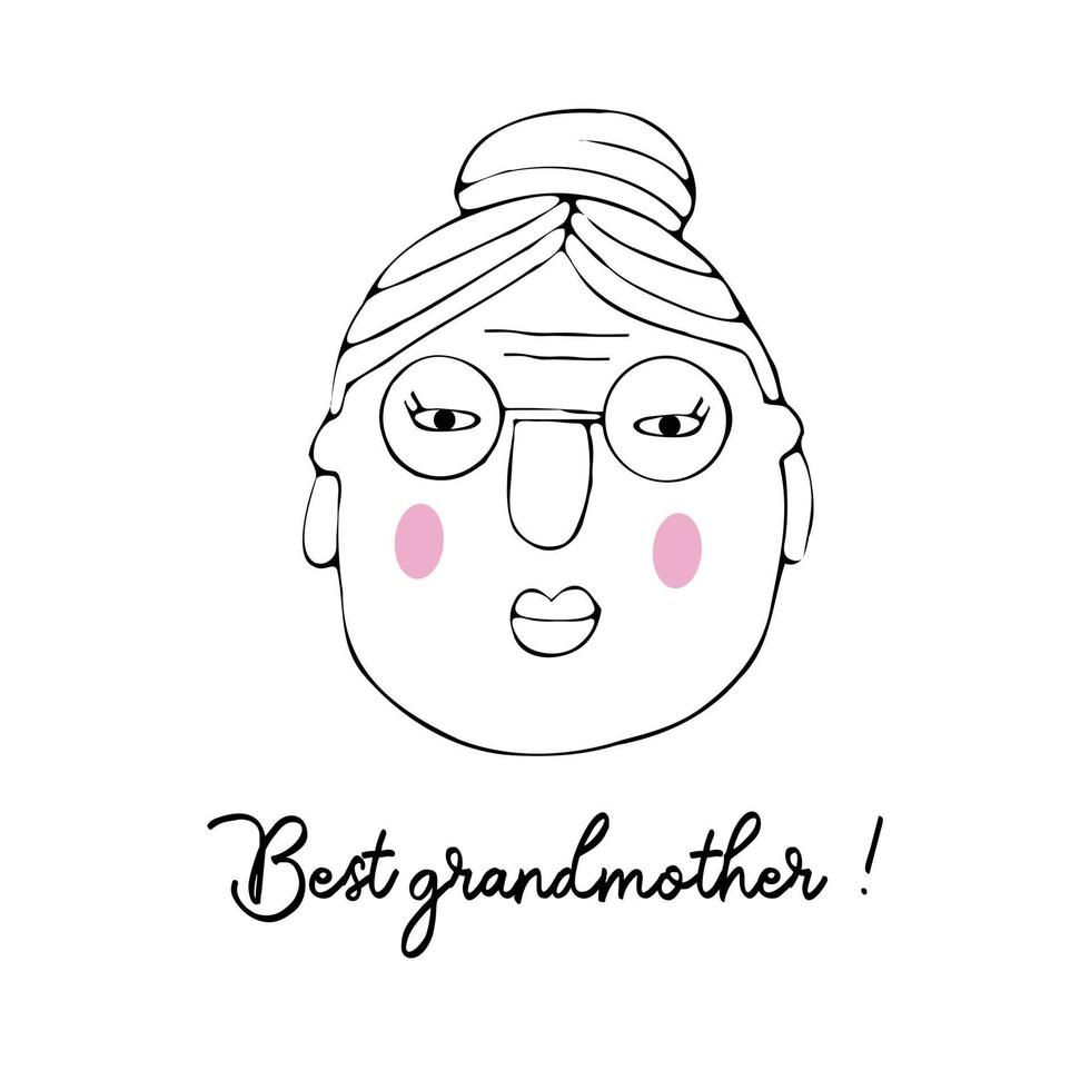 Vector portrait of a female character.Cartoon funny minimalistic man. Linear hand drawn face with emotion and mood. Friendly inscription. Postcard for social networks