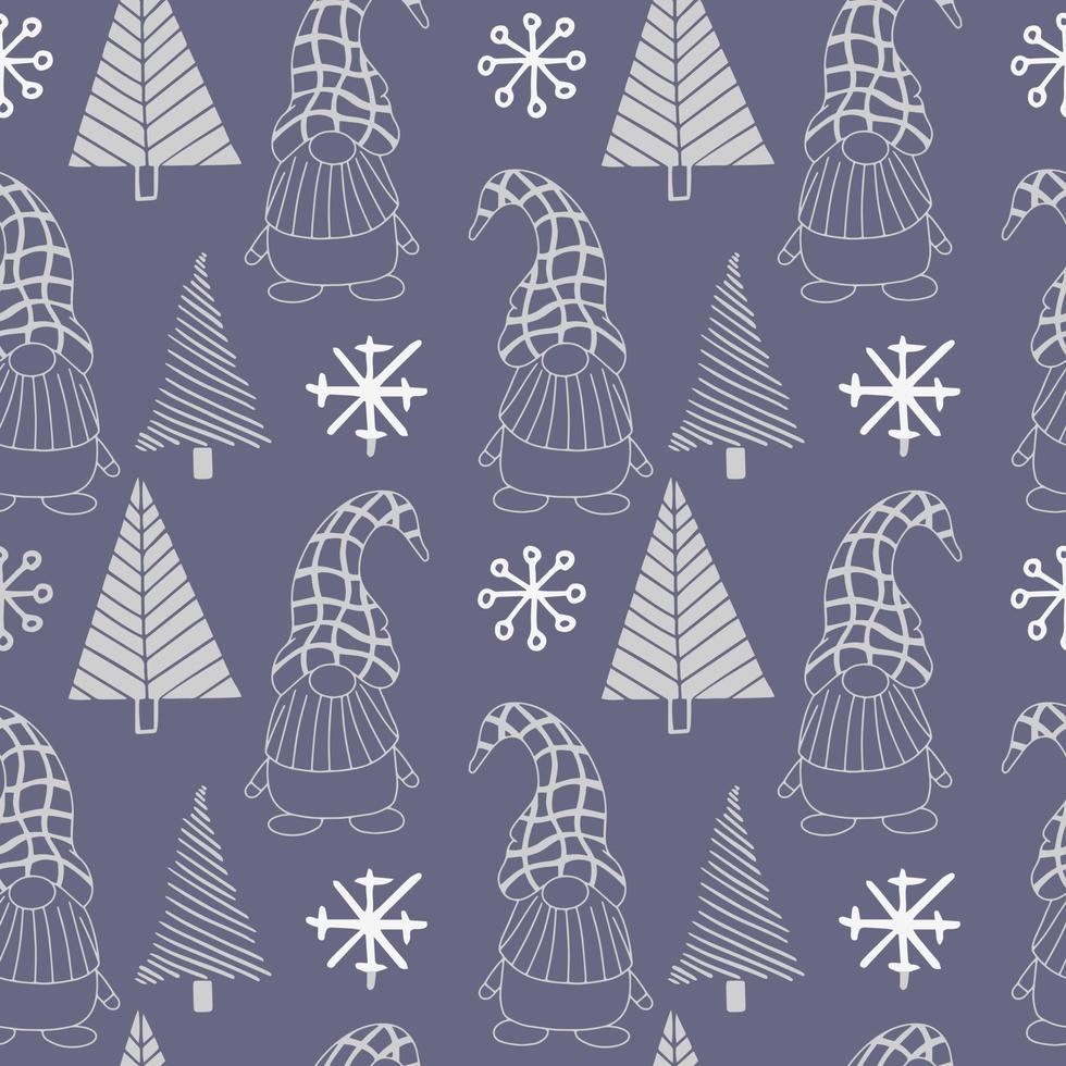 Seamless pattern with a cute hand drawn gnome and a Christmas tree. vector