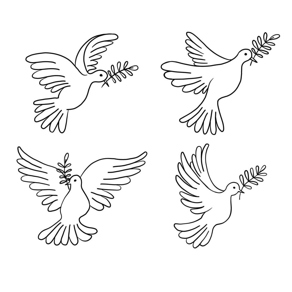 Set of flying pigeons with a branch and leaves. Dove of peace. Hand drawn line sketch. Bird symbol of hope, emblem against violence and military conflicts vector